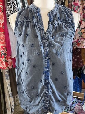 Pilcro and the Letterpress Blue Button-Front Pom Pom Tank